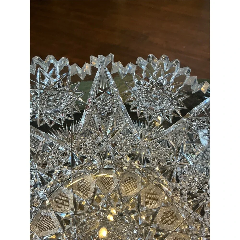 American Brilliant Lead Cut Glass Bowl 8.25 Inch Clear Antique Sawtooth Edge